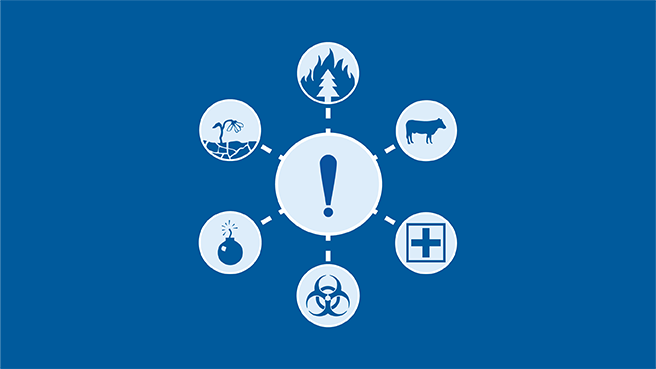 Exclamation point surrounded by a cow, a first aid symbol, a biohazard symbol, a bomb, a dying flower in dry ground, and a tree on fire
