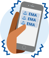 Hand holding a vibrating phone with three message notifications that read &#039;EMA&#039;