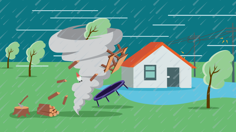 A tornado rushes past a house picking up trees and outdoor objects. It is raining and stormy. To the right of the house the powerlines are broken